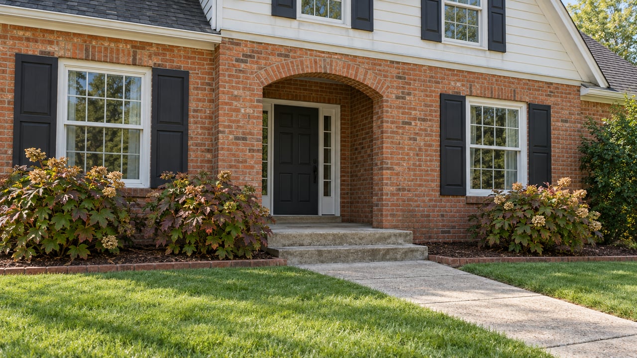 Brick home entry with an arched porch, ivory siding, black shutters and oakleaf hydrangeas beside a concrete walk.