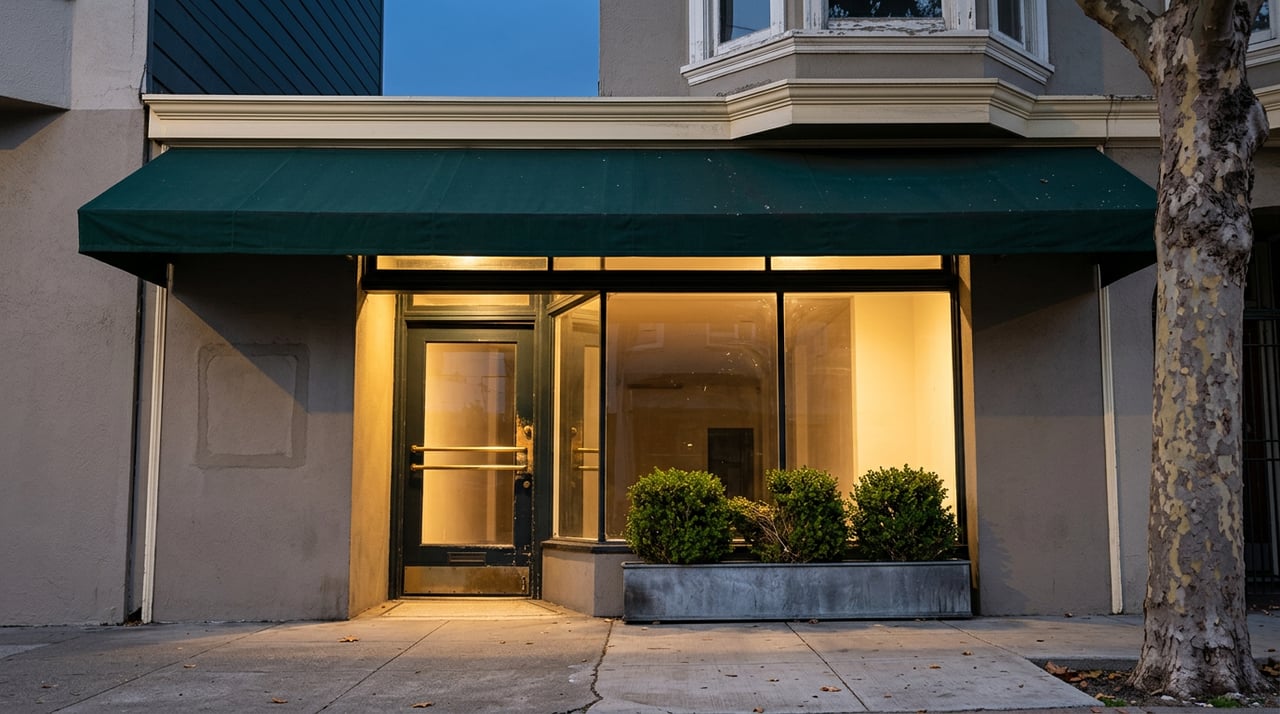 Dusk storefront beneath a divided-lite bay window, with a green awning, glowing glass, and boxwood planter.