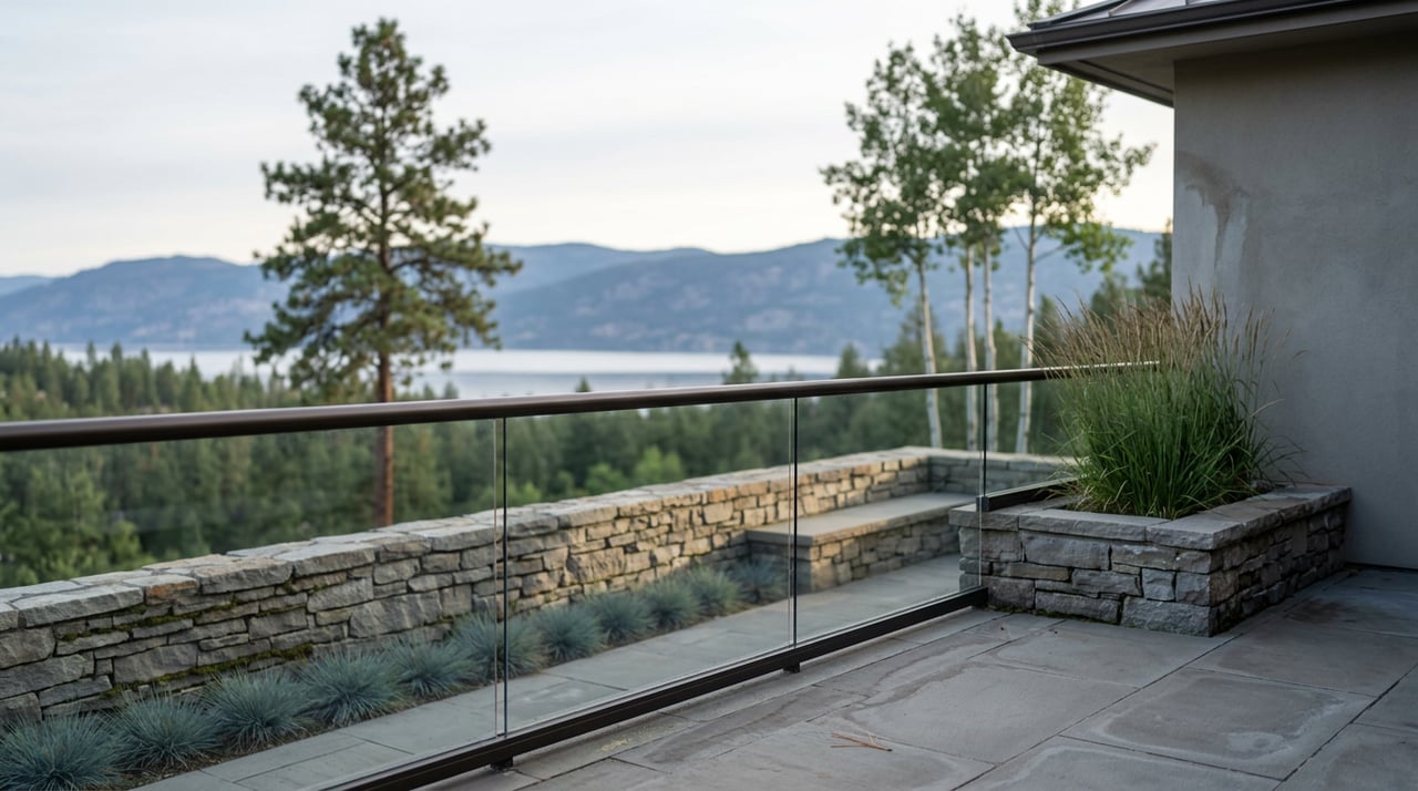 Stone balcony with a glass balustrade overlooks distant water, wooded hills, a pine, and three pale-trunked aspens.