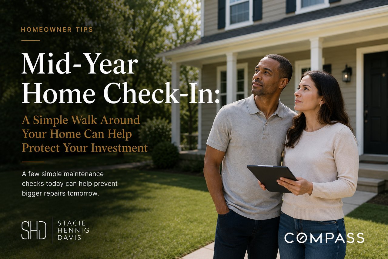 Homeowner inspecting the exterior of a Northern Virginia home during a mid-year maintenance check to help protect the home's value and prevent costly repairs.