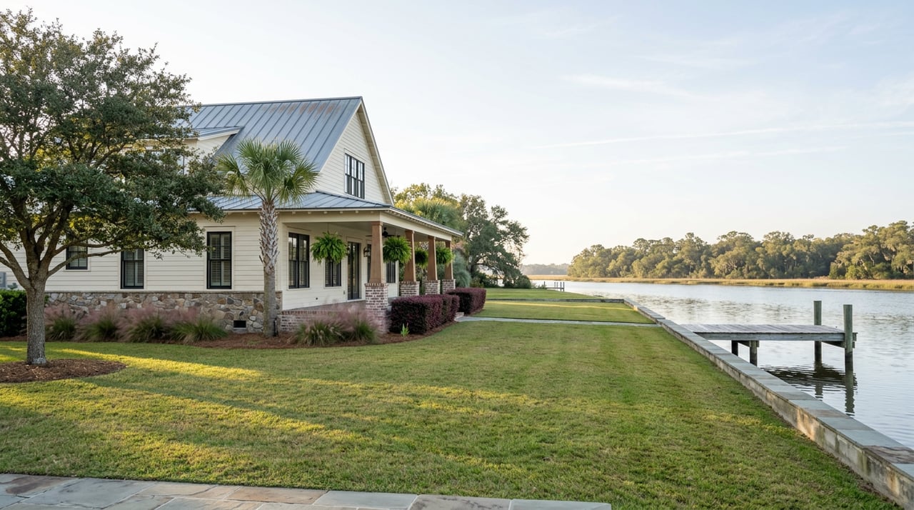 Cream-sided waterfront home with a covered porch, broad lawn, live oak, and weathered dock beside calm water.
