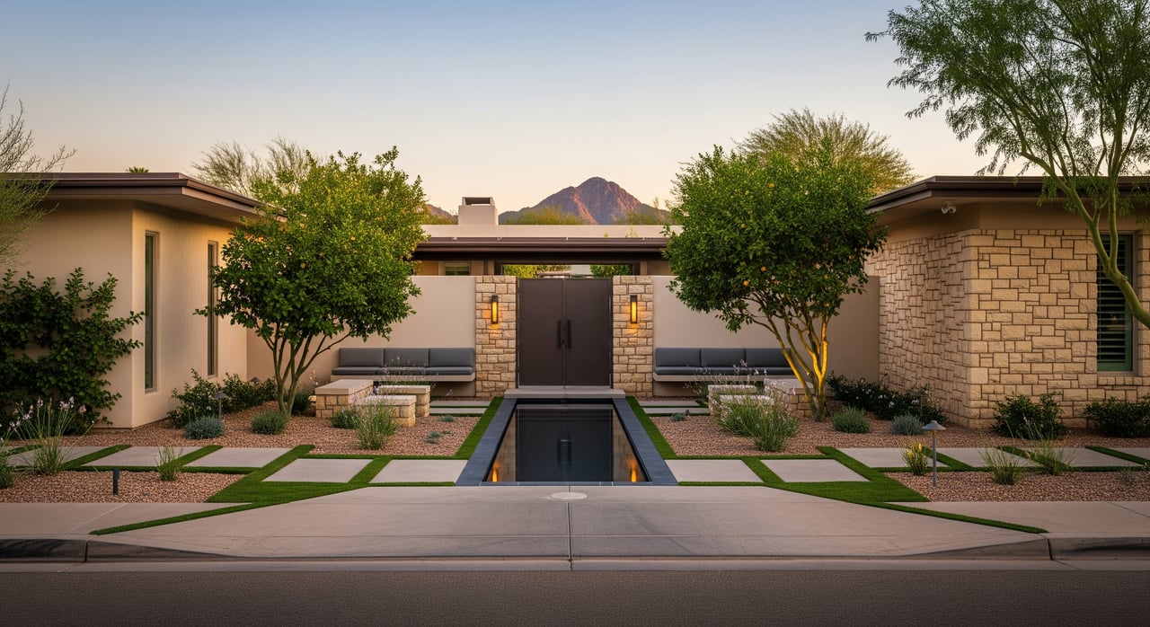 Modern desert home entrance with a reflecting pool, flanking trees, and a mountain beyond.