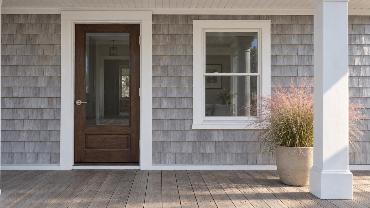 A covered porch with pale gray cedar shingles, a glazed wood entry door, weathered decking, and pink muhly grass in a ceramic pot.