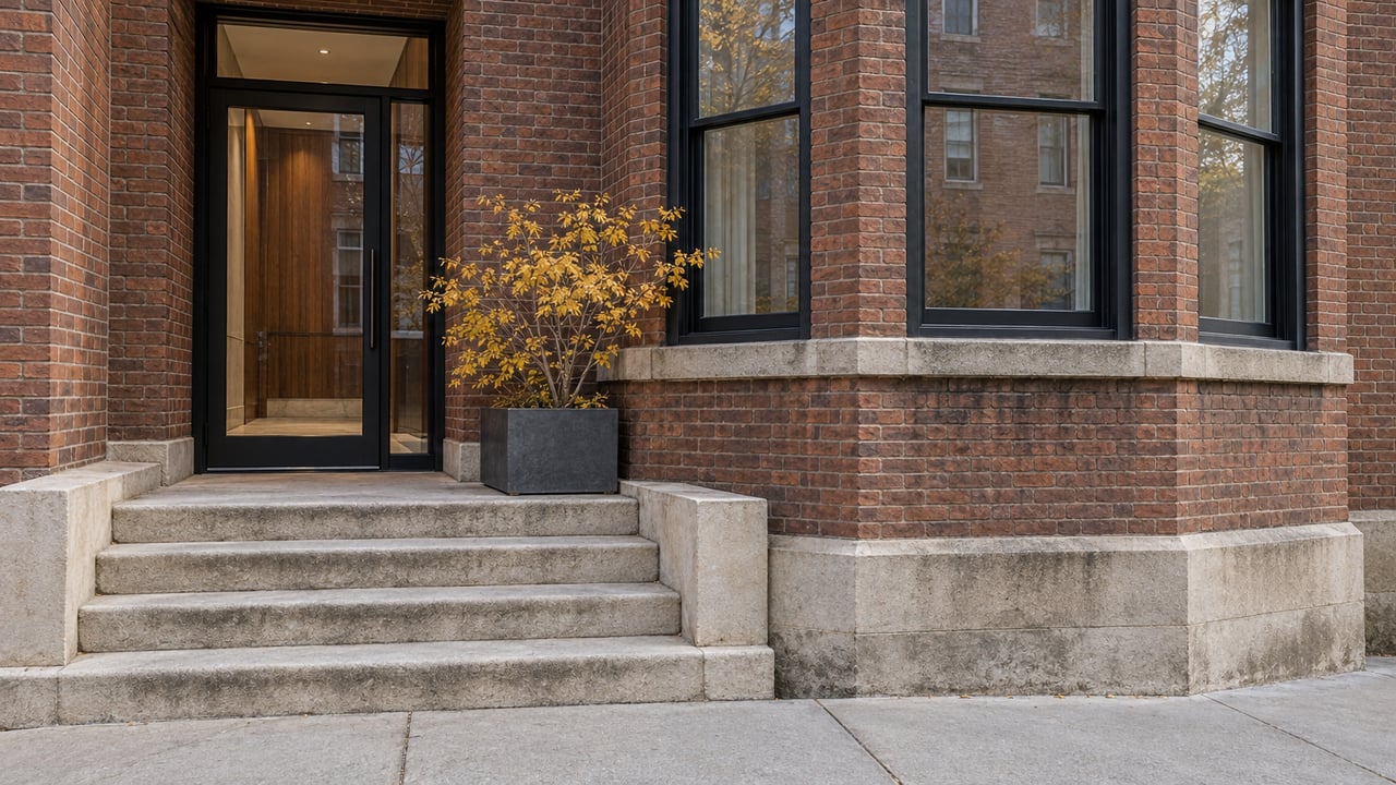 Russet brick residential entrance with black-framed glazing, worn limestone steps and a yellow-leaved witch hazel in a stone planter.