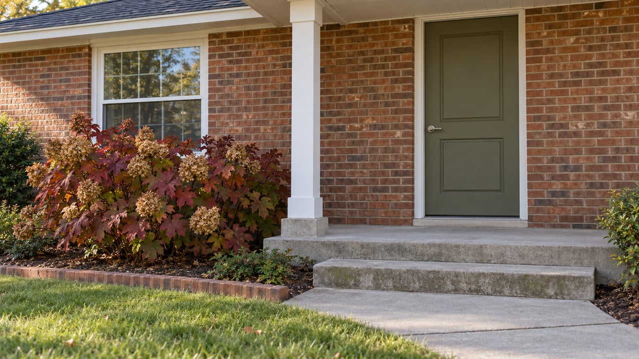 Brick ranch entry with an olive door, concrete steps, and an oakleaf hydrangea showing autumn color.