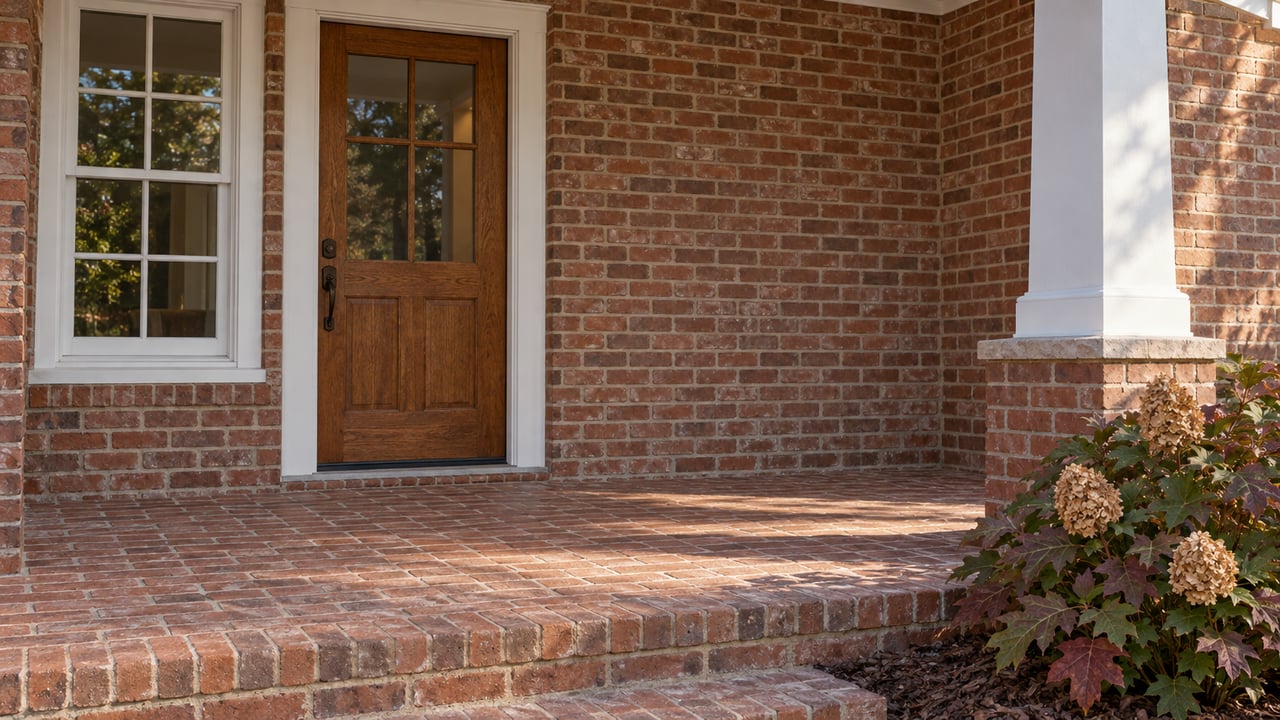 Warm brick home entry with an oak door, white porch column and burgundy oakleaf hydrangea in afternoon light.