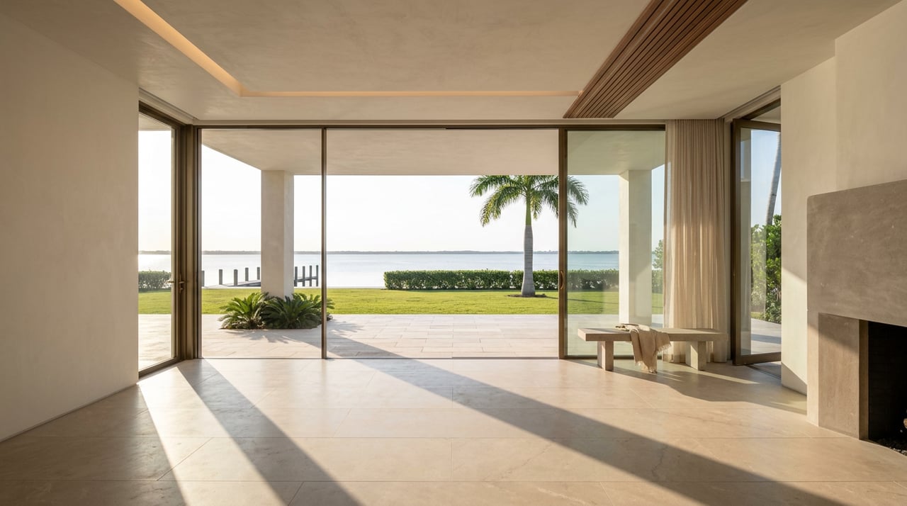 Limestone-floored great room opens through bronze-framed glass to a terrace, lawn, royal palm, and still water.