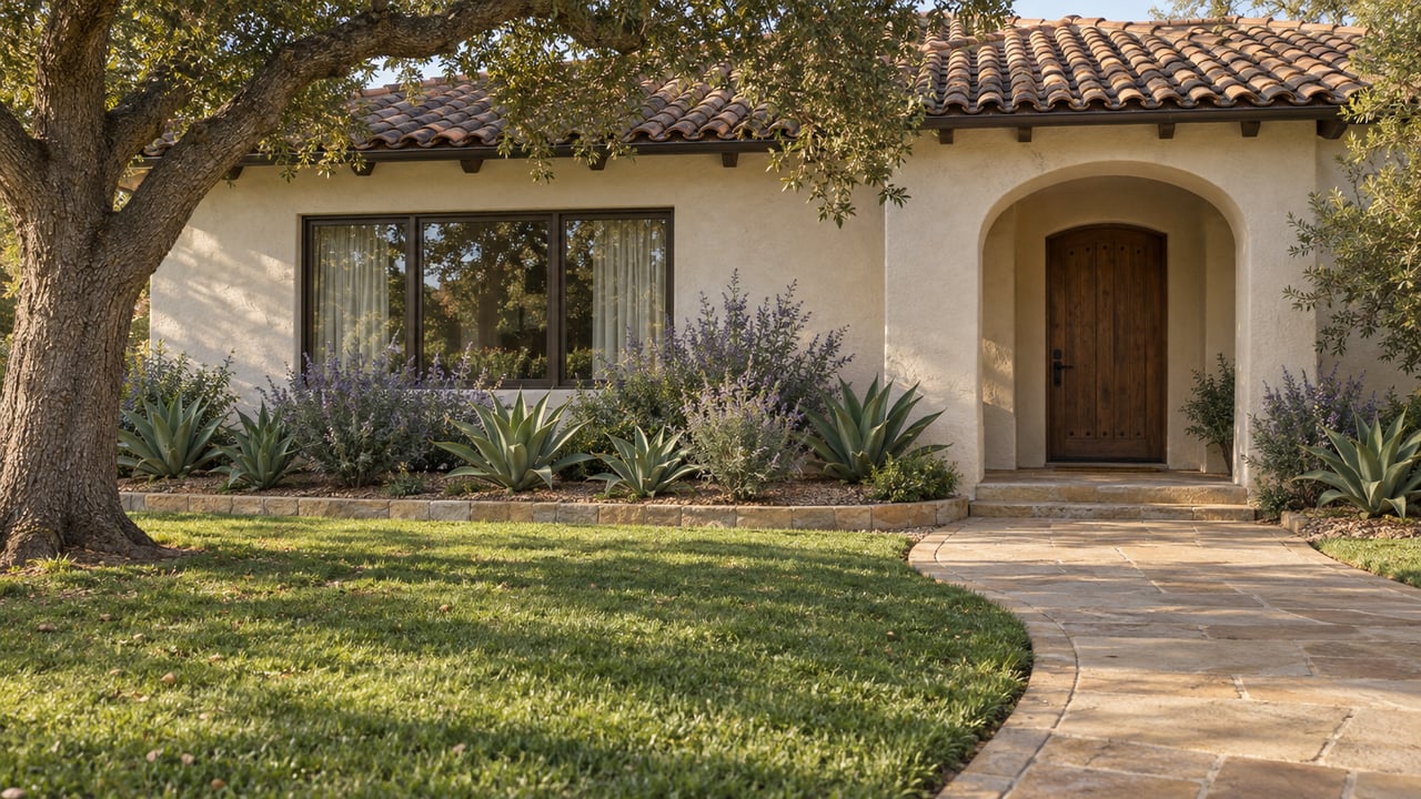 Warm afternoon light on an ivory stucco home with clay roof tiles, an arched oak entry, sandstone walk and mature oak above a deep front lawn.