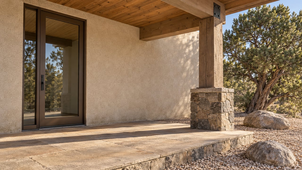 Morning light across a timber porch with a glazed entry door, stone column base, and pinyon tree beside granite gravel.