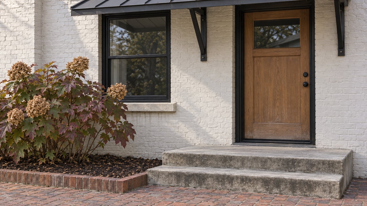 Morning light on an off-white brick home's oak entrance door, black-framed window and concrete steps beside an oakleaf hydrangea.
