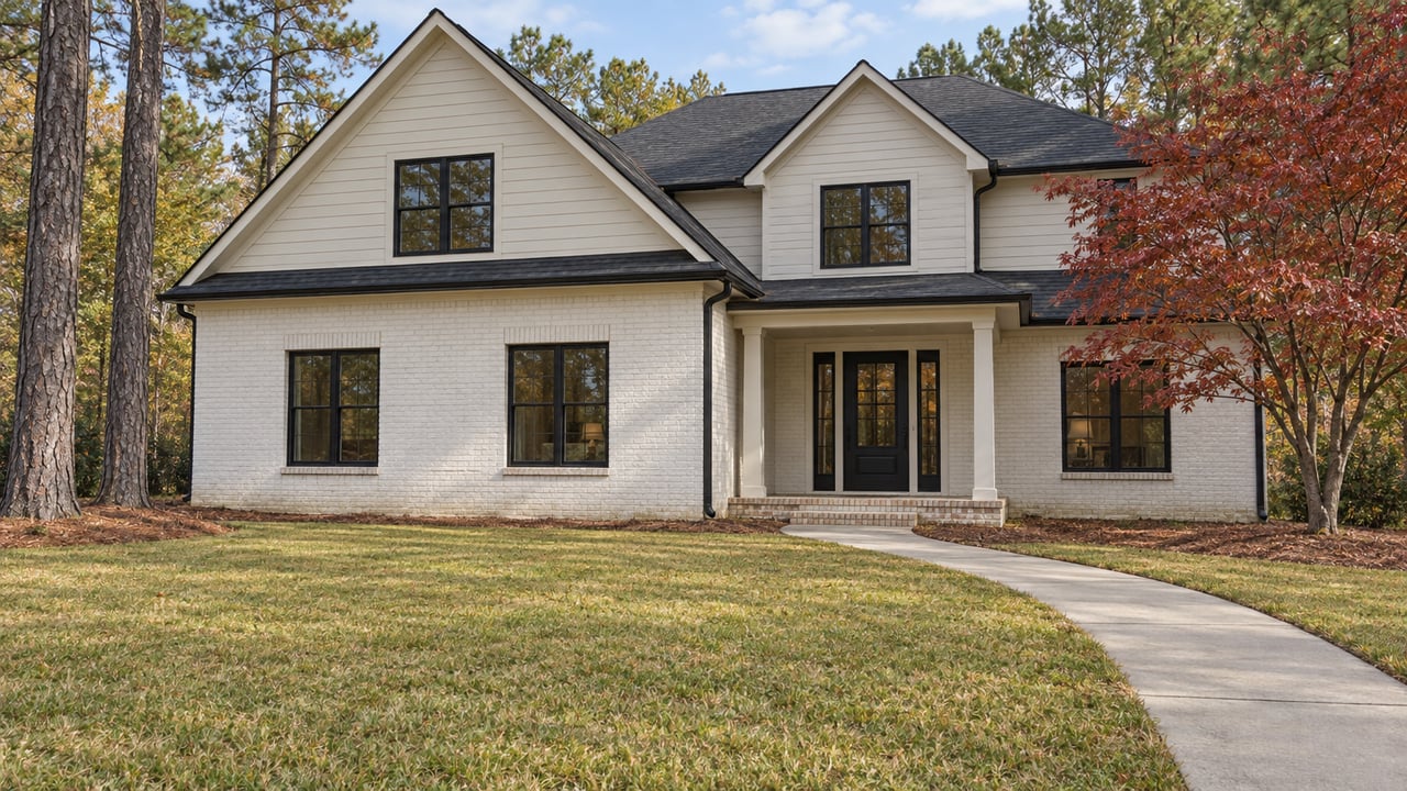 A gabled white-brick and cream-sided home with black-framed windows, a covered entry, a deep lawn, two tall pines and an autumn dogwood.