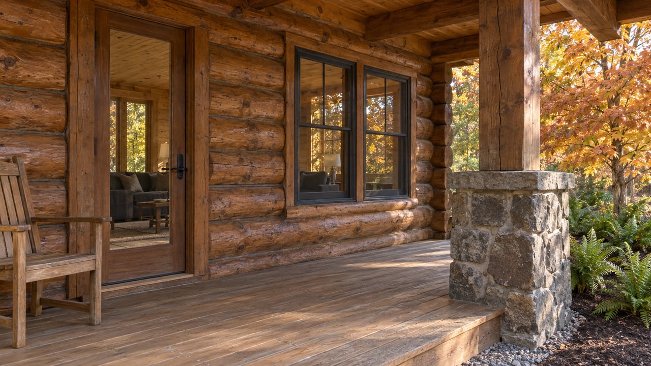 Autumn light warms a weathered log home's covered porch, stone pier and glazed entry beside golden maple foliage.