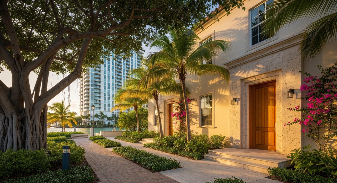 Sunlit stucco building entrance with a wooden door, palms, flowering vines, and high-rises beyond.