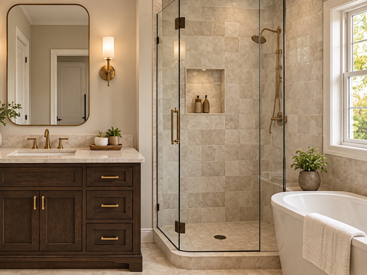 Bathroom with a dark wood vanity, glass shower, and freestanding tub beside a window.