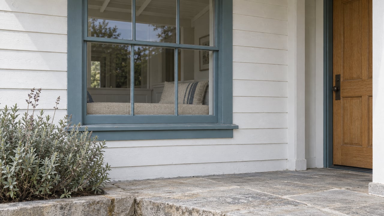 Close view of a white wood-clad home's teal-trimmed sash window, recessed oak entry door, and sandstone porch beside silver-green sage.