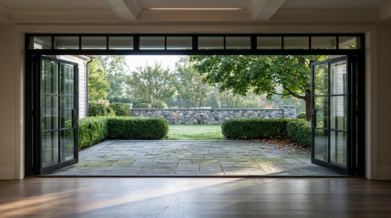 Open black steel French doors frame a bluestone terrace, boxwood hedge, and stone garden wall.