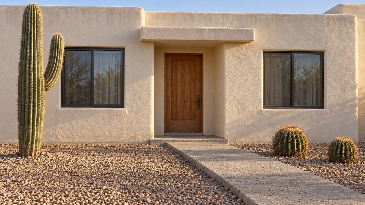 Cream stucco home with a recessed timber door, two windows, a concrete approach and sculptural cacti in an ochre gravel forecourt.