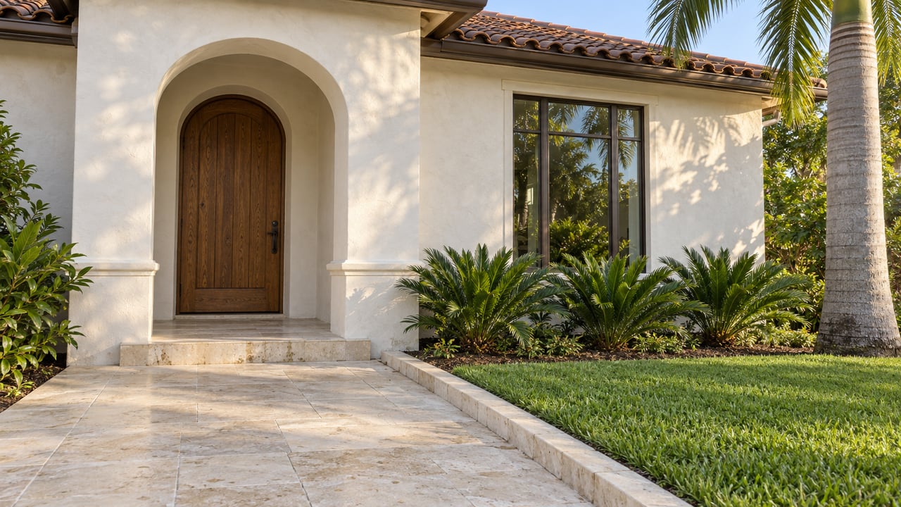 Morning sunlight on a warm-white stucco home with a tiled roof, recessed timber entry, bronze-framed window and pale limestone approach.
