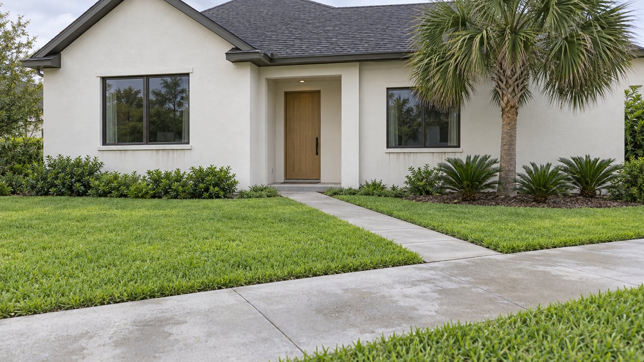 Warm-white stucco home with a dark gable roof, palm, and lawn beyond a diagonal concrete path.