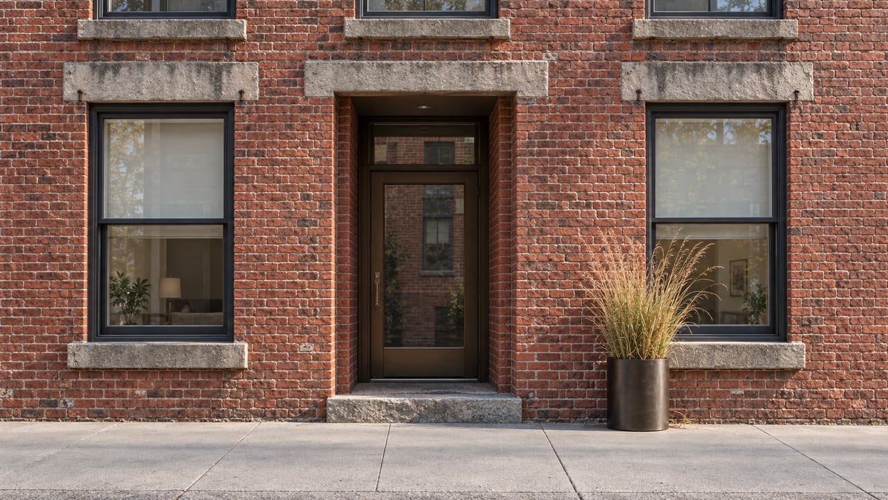 Morning light grazes red brick and limestone around a recessed bronze residential entrance, with tall windows and one planter of golden switchgrass.