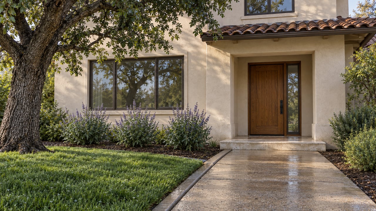 Rain-damp concrete approach leading to a recessed oak front door in a two-story ivory stucco home with clay roof tiles and a mature oak.