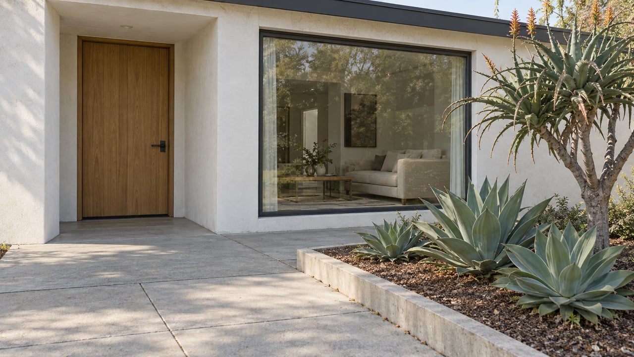 Contemporary single-story home entry with warm white stucco, an oak door, broad dark-framed window and sculptural drought-adapted planting beside a concrete walk.