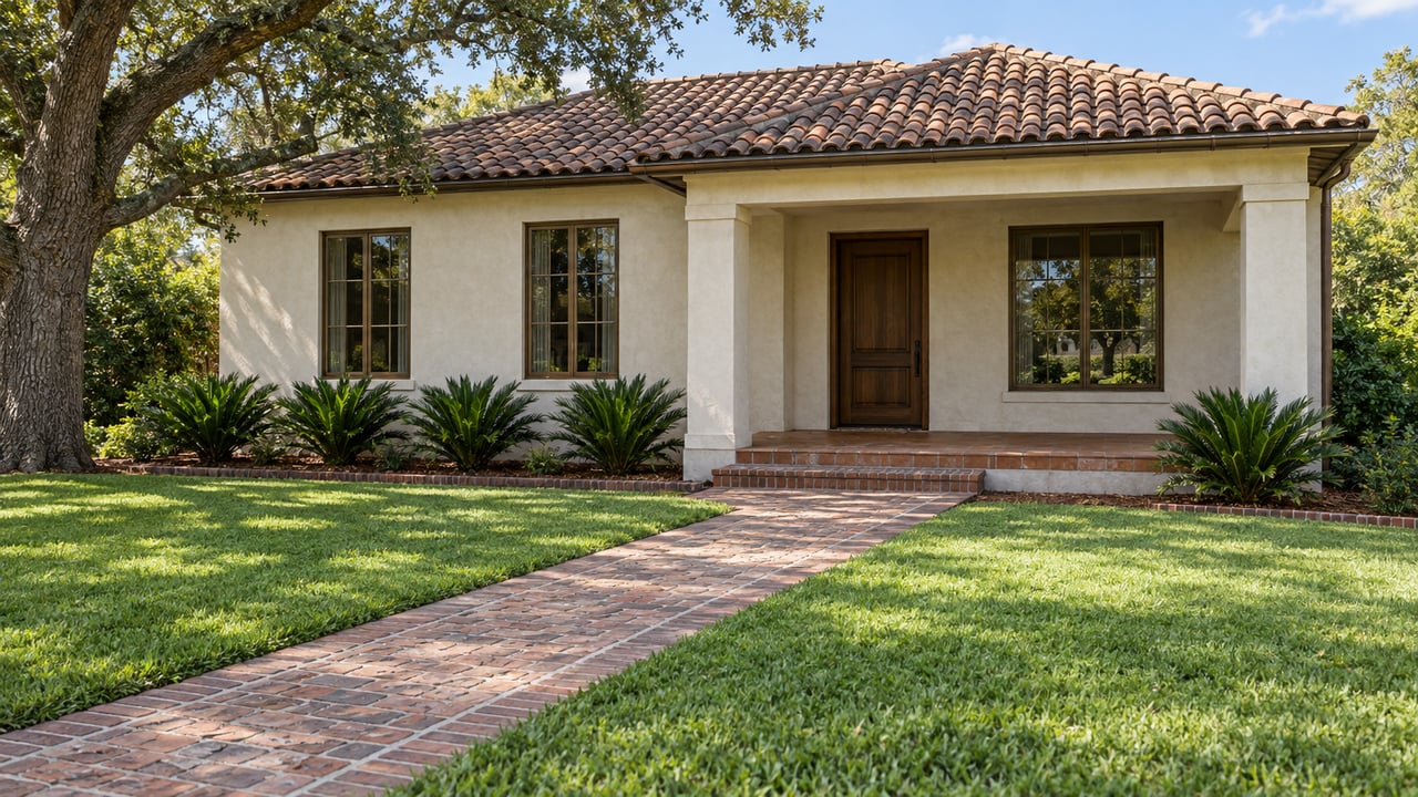 Stucco house with a terracotta tile roof, shaded entry porch, and brick walkway across the lawn.