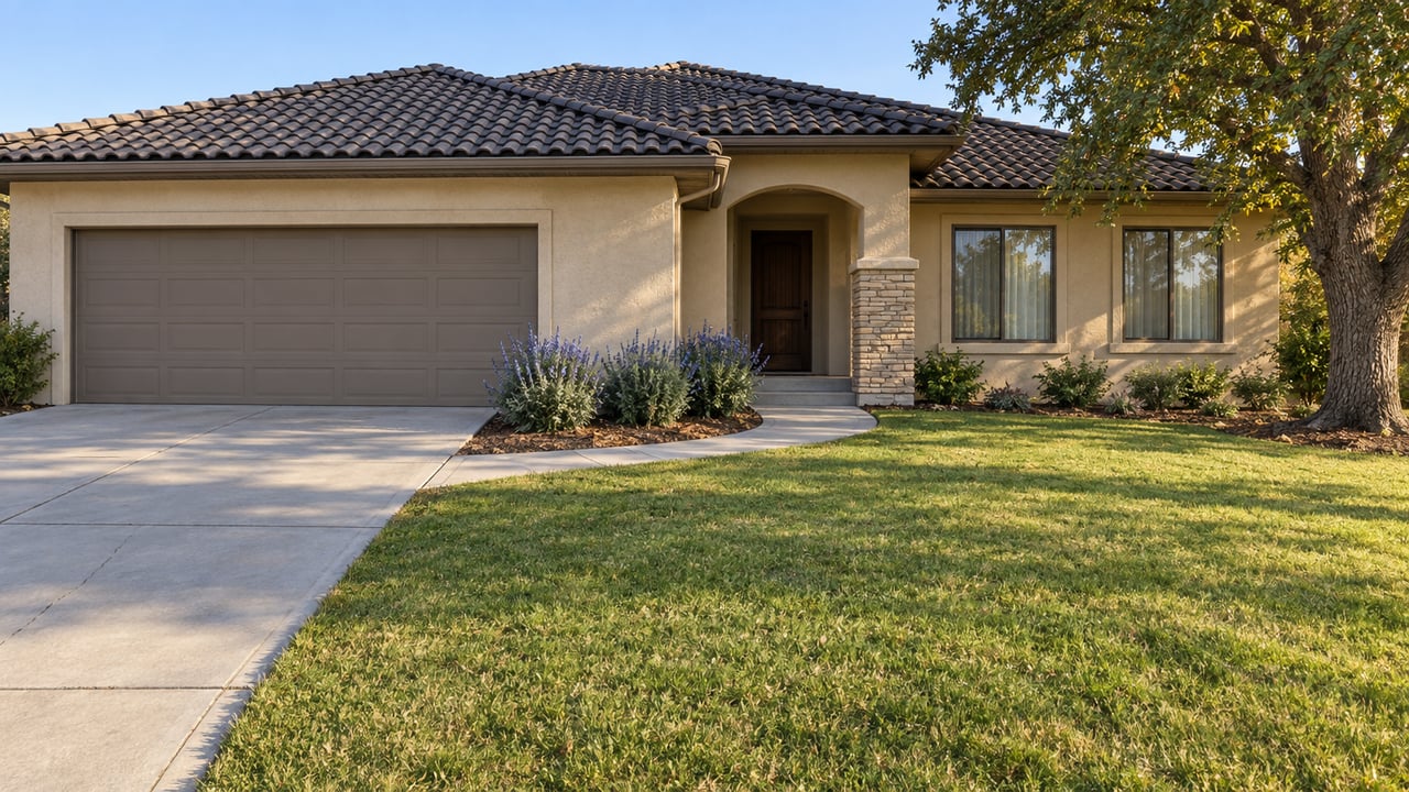 Single-story stucco home with a tiled hip roof, arched entry, attached garage and deep lawn beside a mature oak.