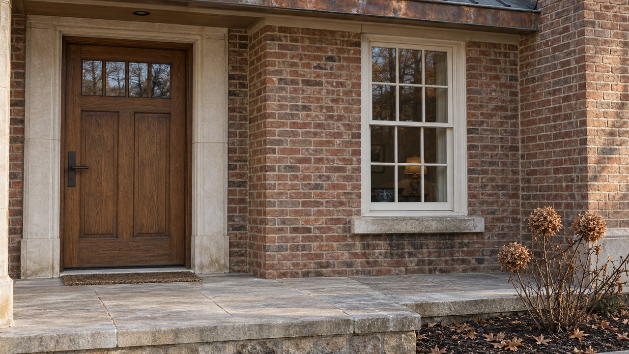 Weathered limestone entrance terrace beside a closed oak door and white divided-light window in a red-brown brick home.