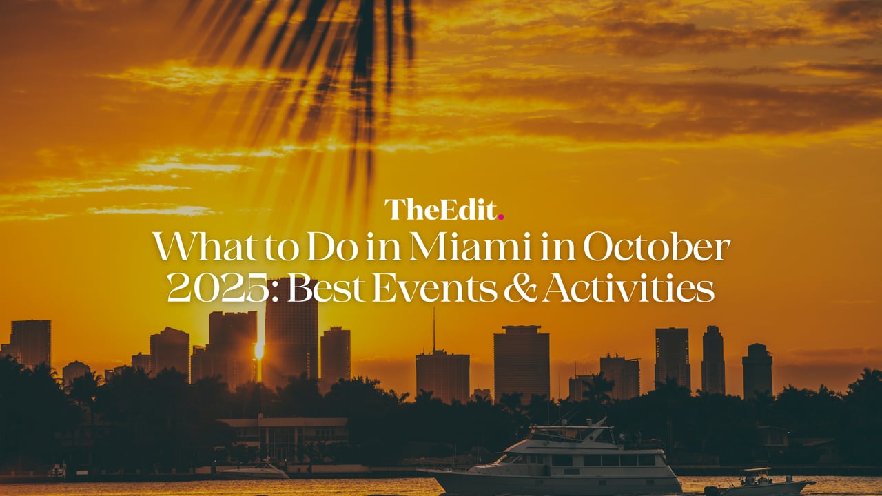Miami skyline at golden hour sunset with palm trees and waterfront, banner for What to Do in Miami in October 2025 events and activities by The Edit Real Estate