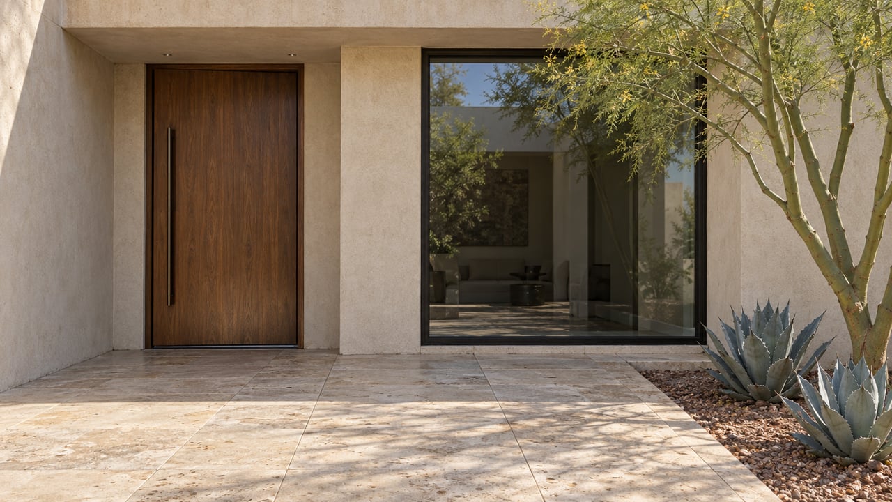 Warm stucco home entry with a walnut door, black-framed picture window, limestone approach, and sculptural desert planting.