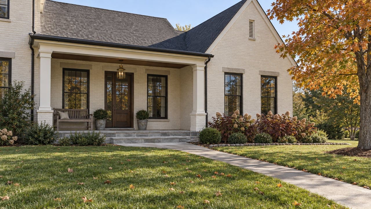 Ivory brick home with a deep stone porch, open front lawn and an amber-leaved maple in autumn sunlight.