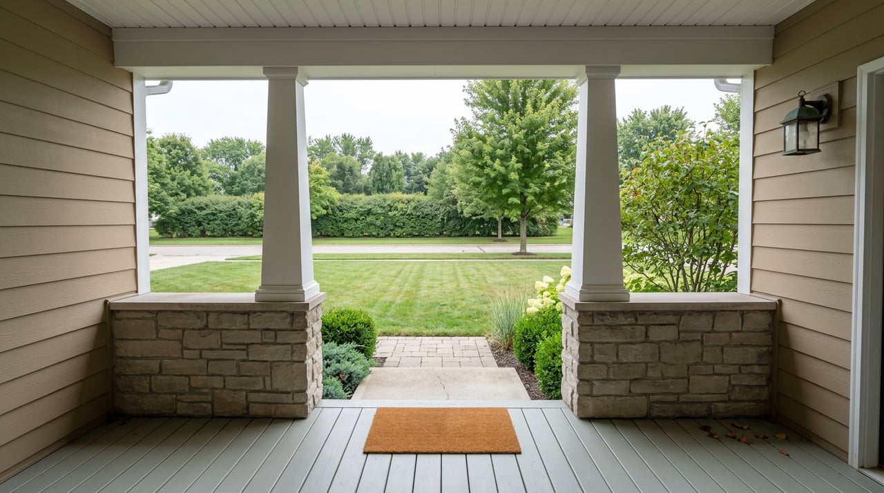 Front porch framed by white columns and a stone half-wall, overlooking a lawn, shrubs, and a tree-lined street.