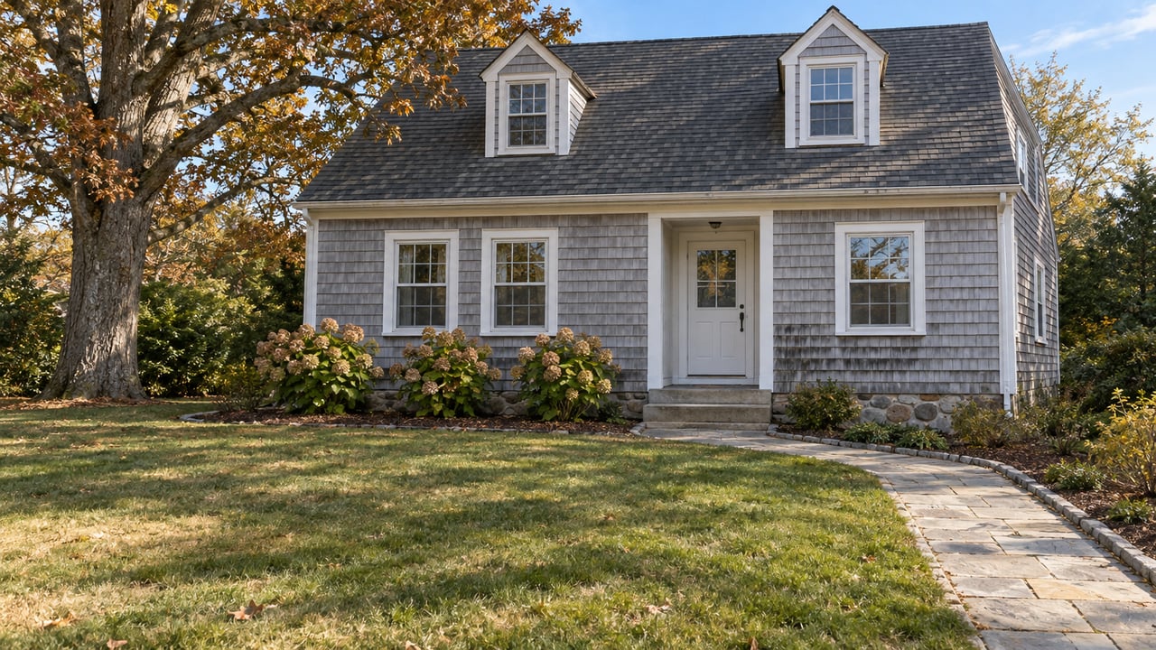 Weathered cedar-shingled home behind a broad autumn lawn, with white-trimmed windows, a stone front walk, and an oak tree.
