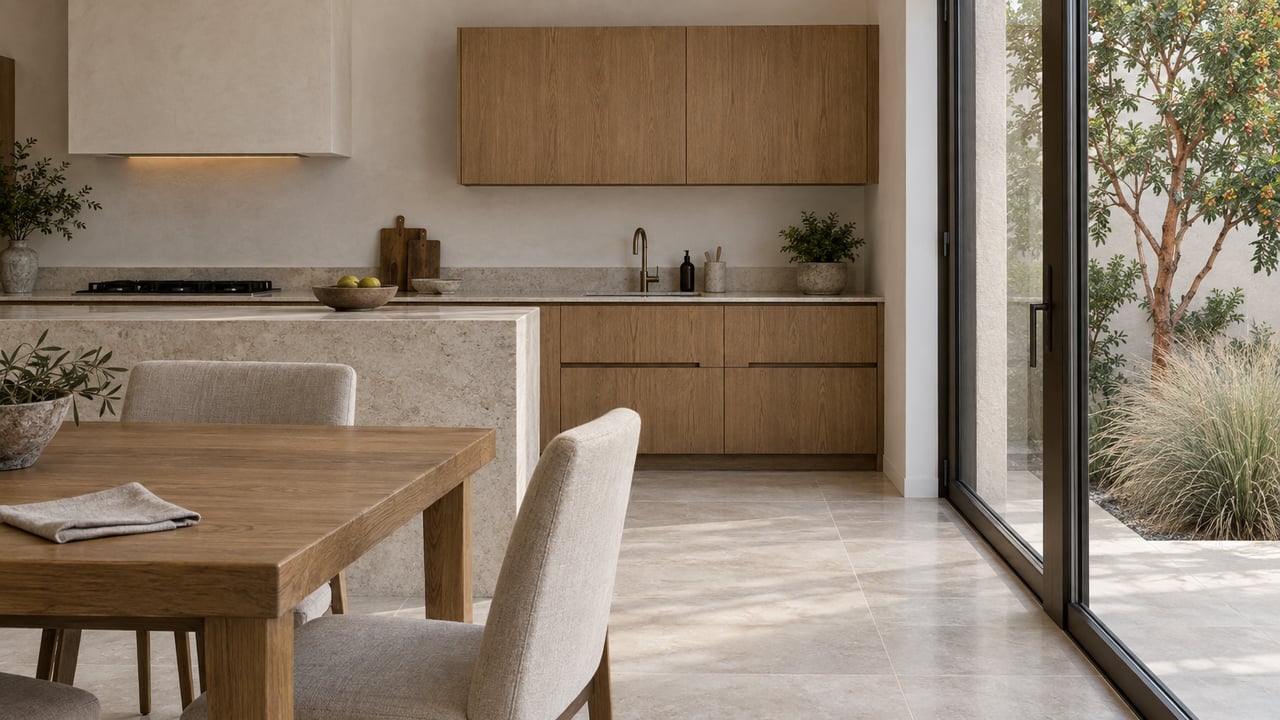 Oak dining table and limestone-topped island beside a glazed door overlooking a small garden planting bed.