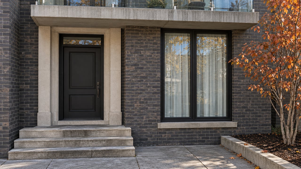 Dark-brick residential entrance with limestone steps, black-framed glazing and copper-colored serviceberry leaves.