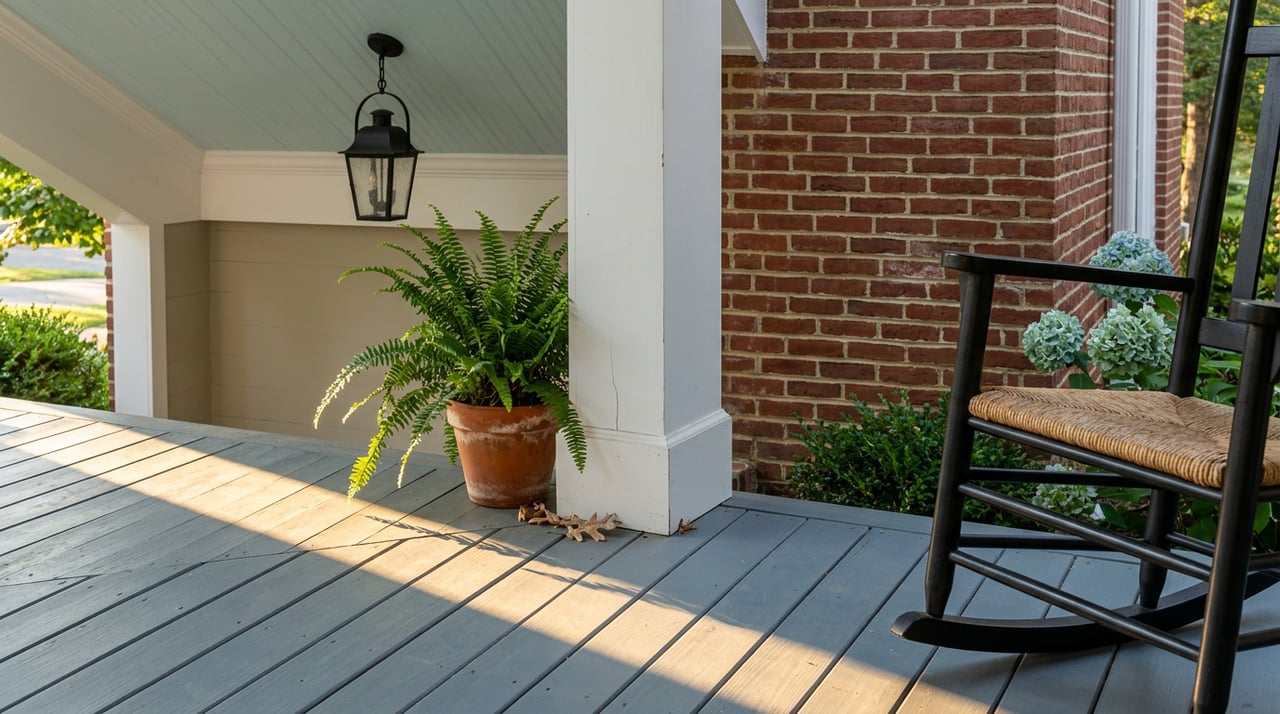 White porch column beside a black rocking chair, Boston fern, brick wall, and sunlit gray-blue floorboards.