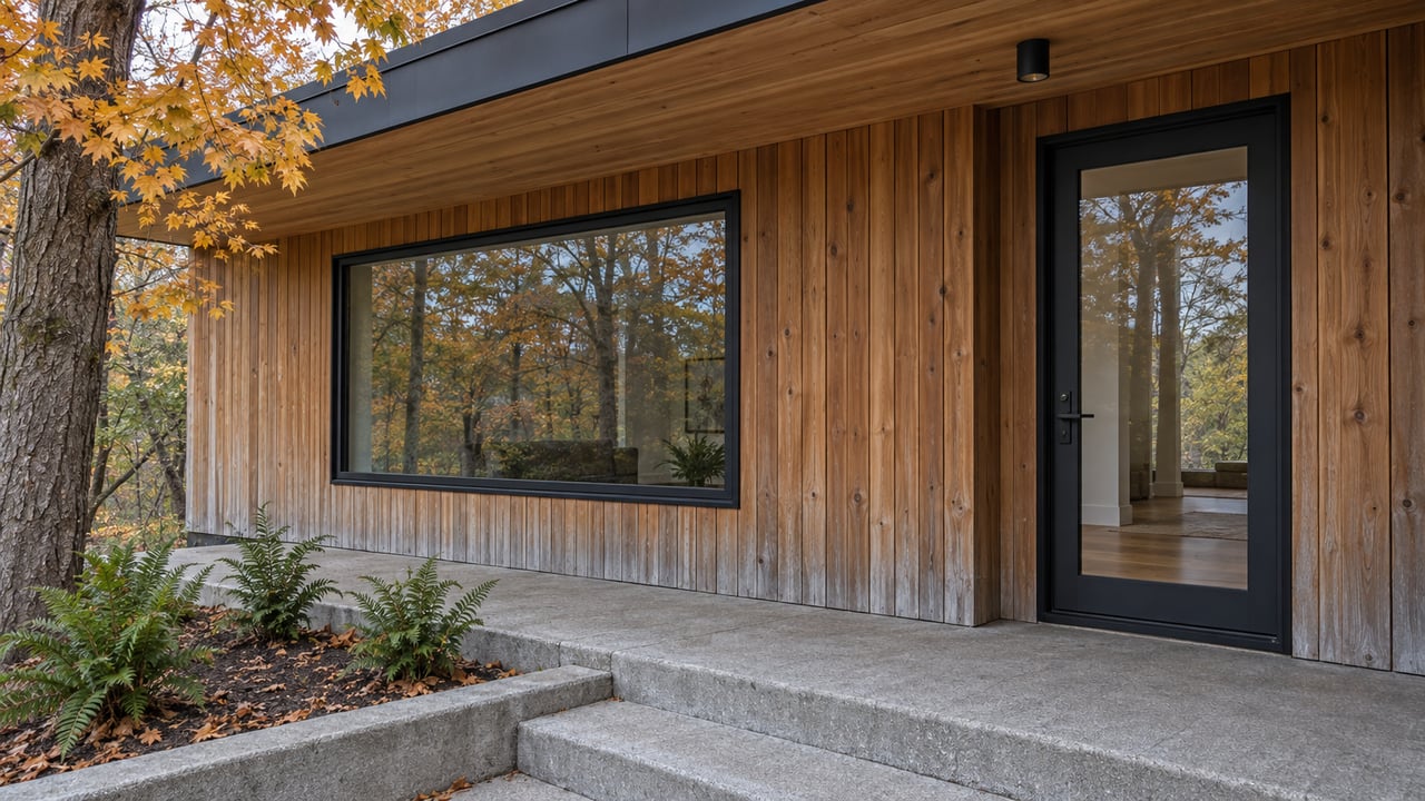 Autumn light across a cedar-clad covered entry with black-framed glazing, concrete steps and a mature maple.
