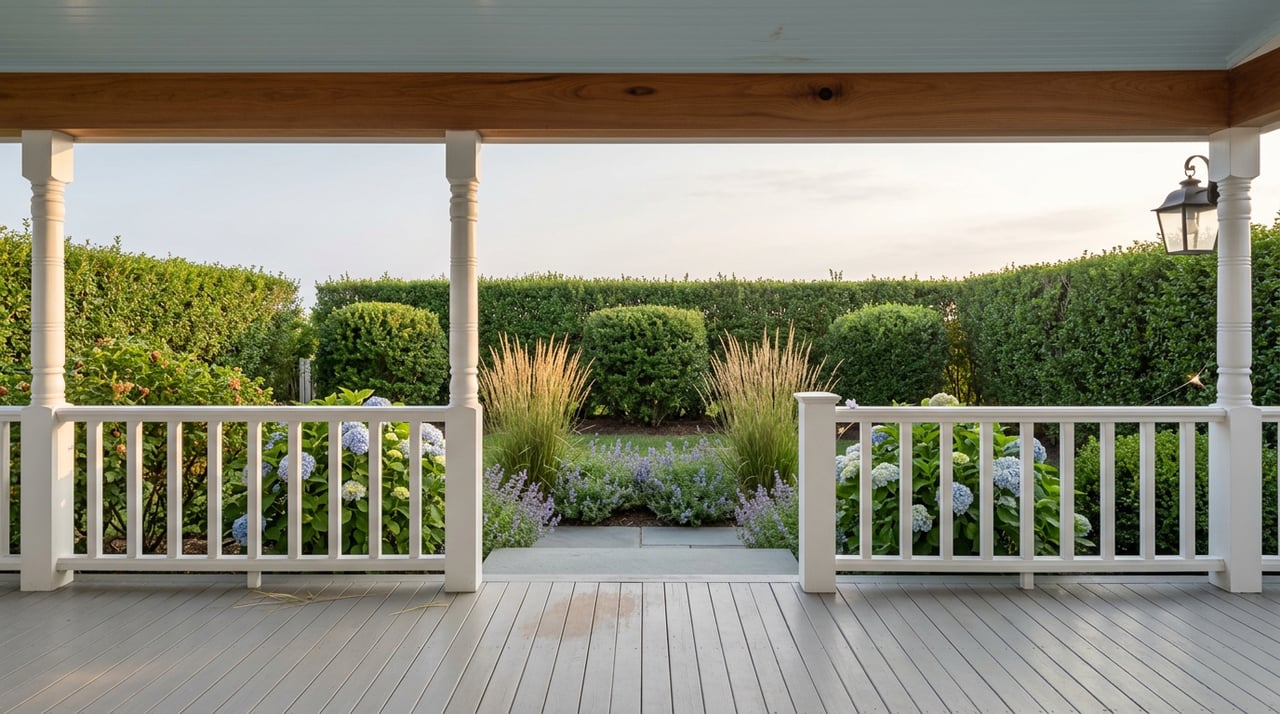 Coastal cottage porch with white posts, gray plank floor, blue hydrangeas, and a clipped hedge.