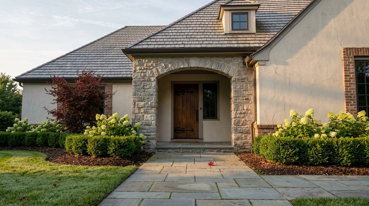 Tudor-style home entry with a fieldstone arch, dark oak door, cedar-shake roof, and red-leaved Japanese maple.
