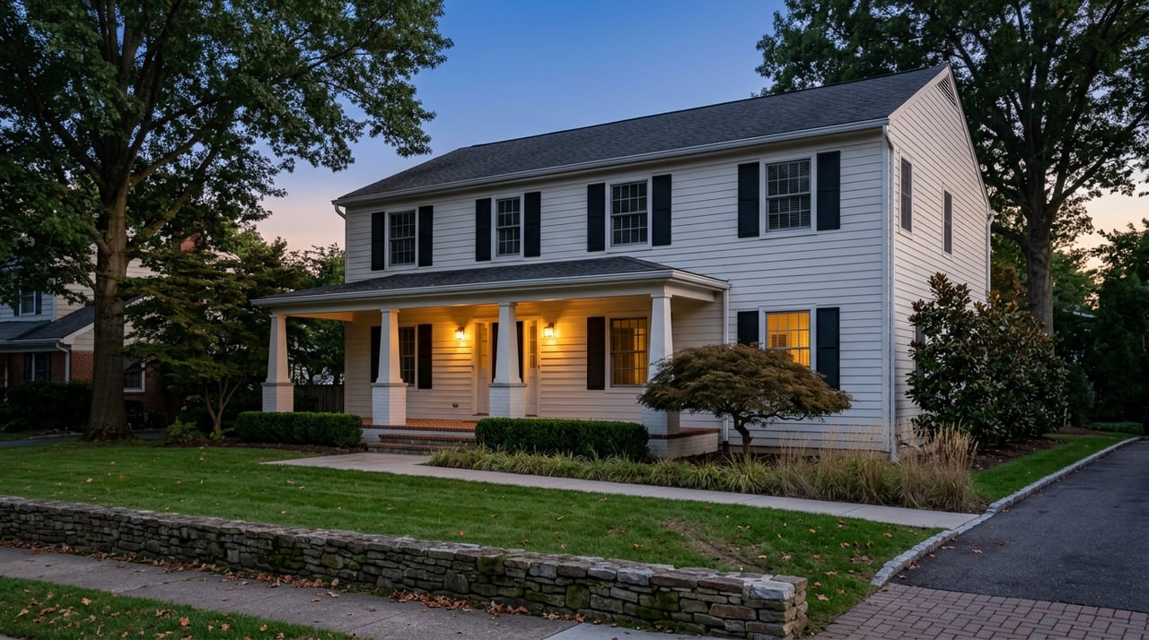 Two-story white Colonial house glows with warm porch lights beneath oak canopies at blue-hour dusk.
