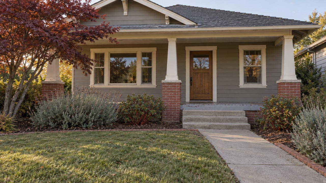 A weathered wood-sided bungalow with an inviting covered porch, mature Japanese maple, and a compact planted front garden.