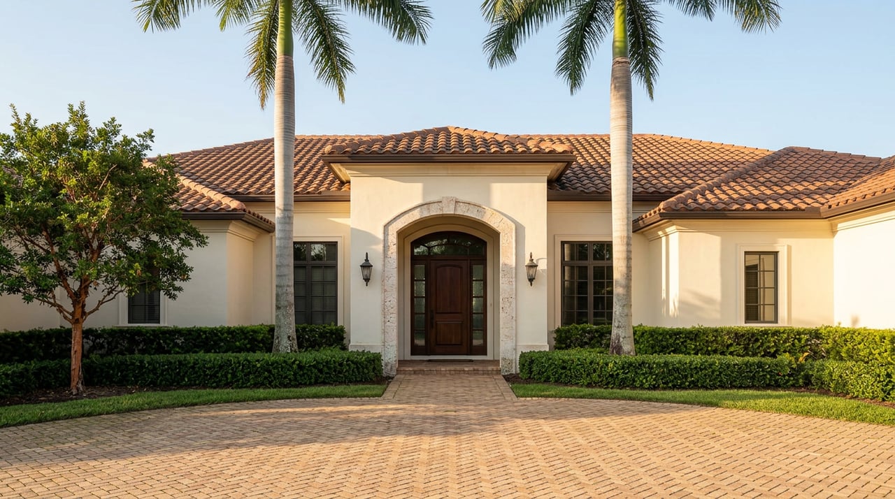 Ivory stucco home with a coral-stone arched entry, clay tile roof, and matching Royal Palms.