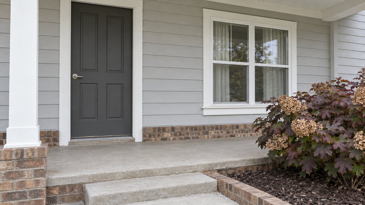 A charcoal front door and white-trimmed window on a light-gray home, beside a concrete porch and autumn oakleaf hydrangea.