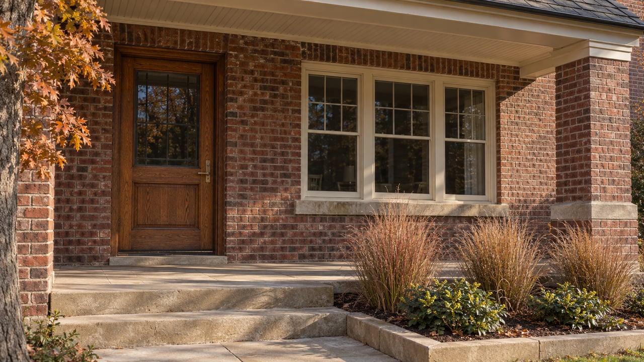 Autumn light on a red-brick home's oak entry, divided-light window and worn sandstone porch steps beside bronze little bluestem.