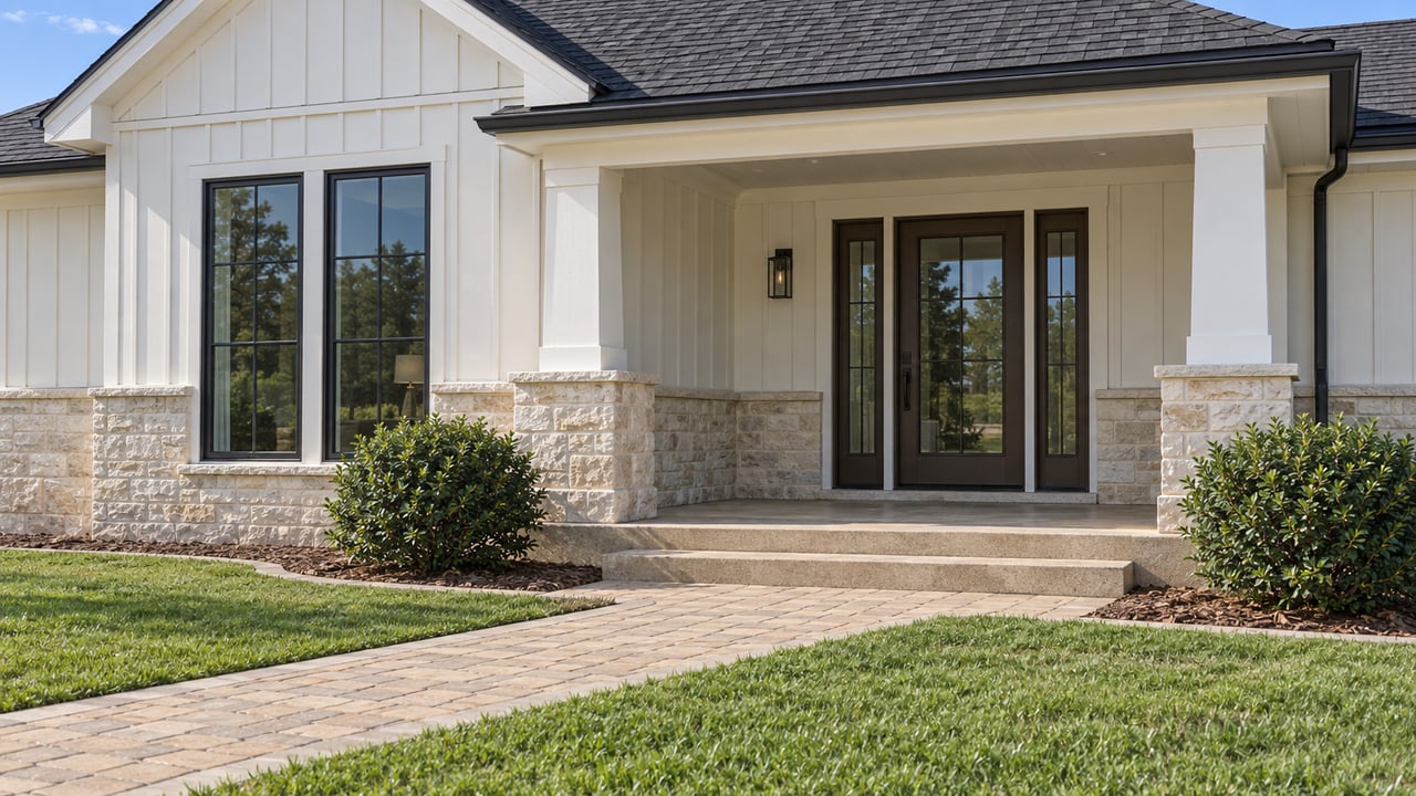 Sunlit cream-sided home with a stone-based covered entry, dark-trimmed windows and a tan paver walk across a green lawn.