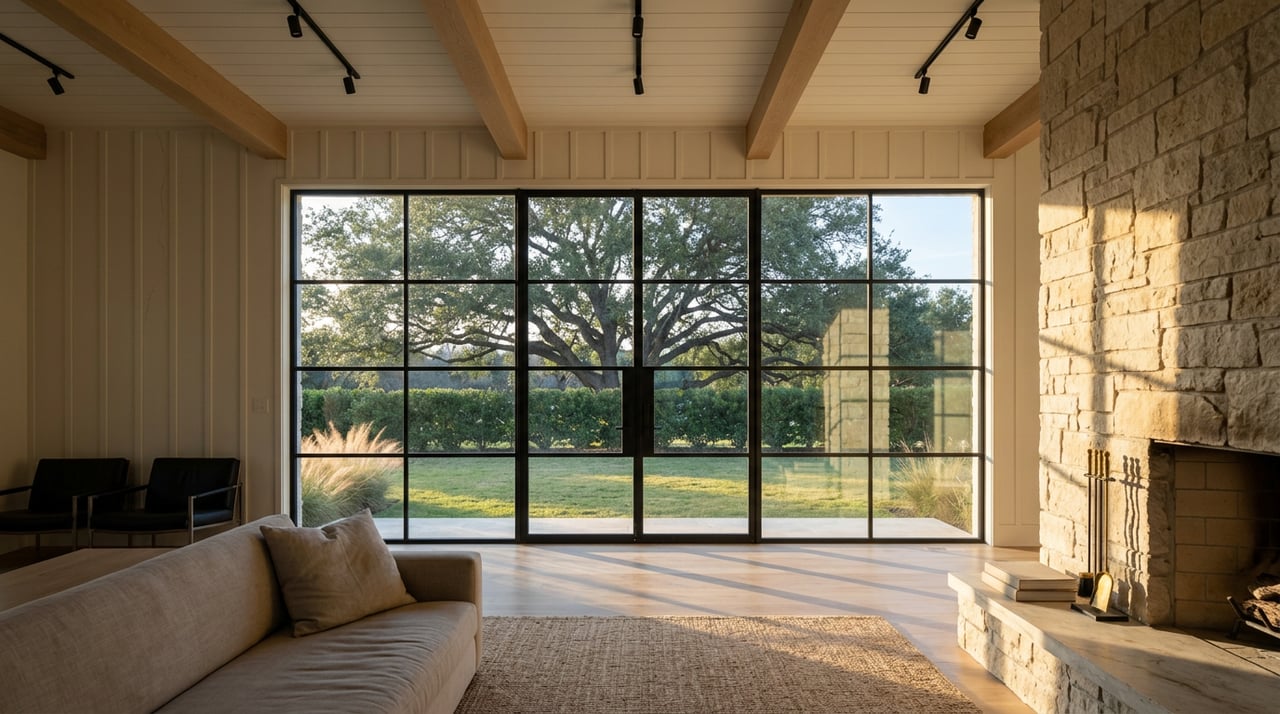 Lake house great room with a limestone fireplace, oak floors, and a glass wall overlooking a live oak and lawn.