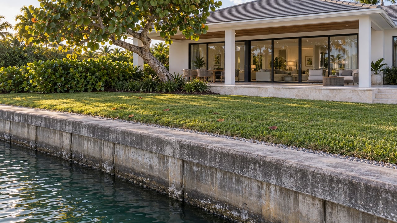 White stucco canal-front home behind a lawn and raised stone terrace, with a concrete seawall in the foreground.