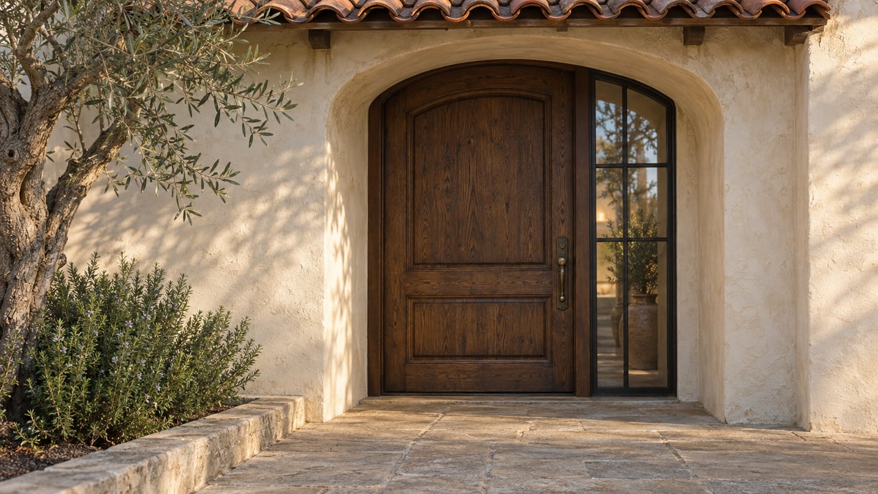 Cream stucco villa entrance with an arched oak door, terracotta eaves, and olive tree beside the stone landing.