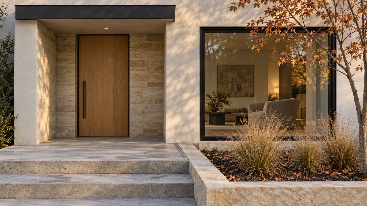Contemporary home entry with an oak door, buff limestone, dark-framed window and copper maple leaves in late-afternoon light.